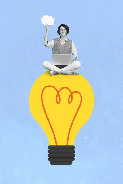 Image composite verticale de fille utiliser netbook sans fil assis grande ampoule illustration isolé sur fond bleu — Photo