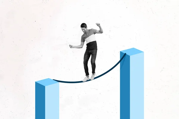 Genç adamın ipte yürümesini gösteren yaratıcı kolaj resmi beyaz arkaplanda dengeyi koruyor. — Stok fotoğraf