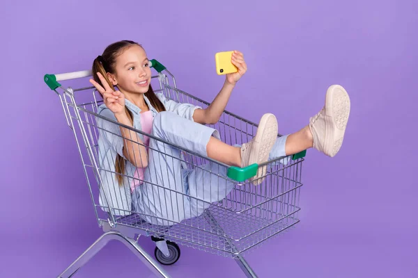 Foto de doce engraçado pequena estudante vestida camisa jeans dirigindo bandeja de compras v-sign gadget isolado cor violeta fundo — Fotografia de Stock