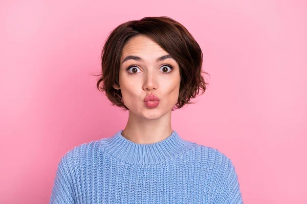 Portrait photo of adorable pretty female pout lips go on date with boyfriend isolated on pink pastel color background — 스톡 사진