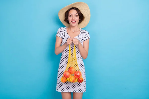 Portrait of funky cheerful lady hold apples net have good mood look camera isolated on blue color background — стоковое фото