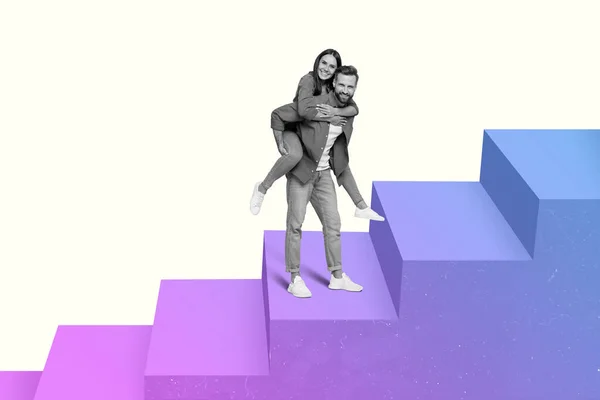 Steg för steg nå toppen. Collage av killen piggyback dam vinna mål stå trappor isolerade på zine färgglada bakgrund — Stockfoto
