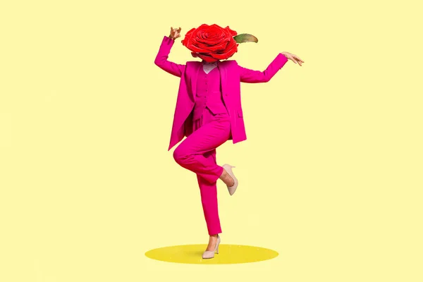 Artístico moderno mockup de senhora elegante com planta cabeça dança feriado privado isolado amarelo pastel cor fundo — Fotografia de Stock