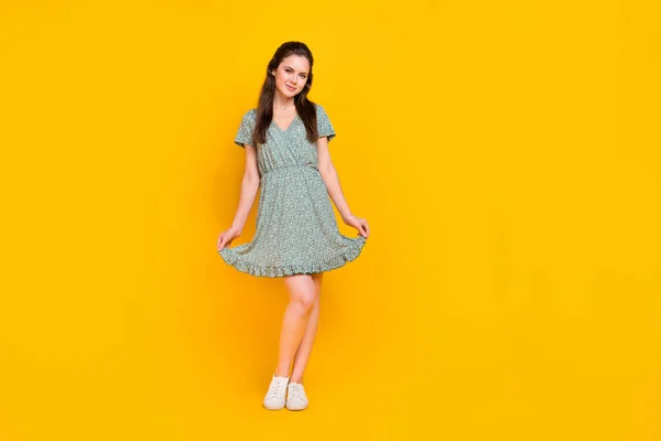 Photo of sweet charming woman wear print dress arms skirt empty space isolated yellow color background — 스톡 사진