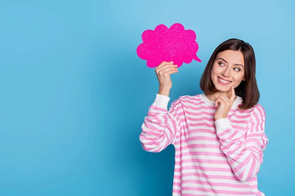 Photo of cute millennial brunette lady think wear sweater isolated on blue background — Stock Photo, Image