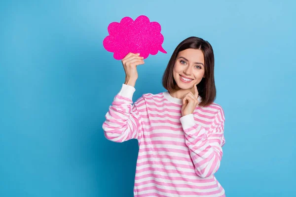 Photo of sweet brunette young lady hold bubble wear pink shirt isolated on blue color background — 스톡 사진