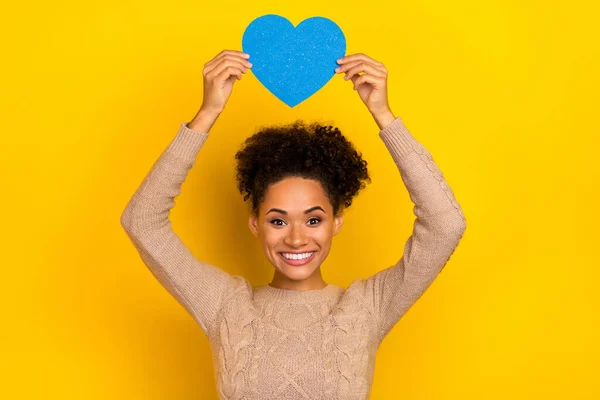 Photo of cute young brunette lady hold heart wear sweater isolated on yellow color background — 스톡 사진