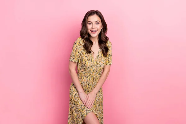 Photo of impressed millennial brunette lady wear floral dress isolated on pink color background — Stock Fotó