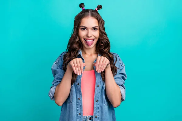 Photo of young cheerful girl have fun fool tongue-out hands paws animal isolated over turquoise color background — 스톡 사진