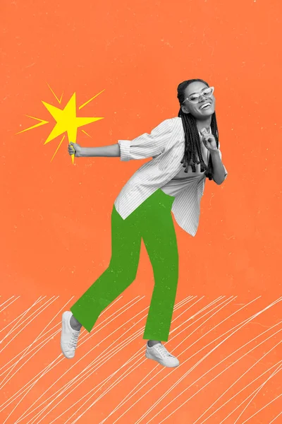 Collage creativo vertical de persona positiva bailando mano mantenga la estrella aislada sobre el fondo del dibujo — Foto de Stock