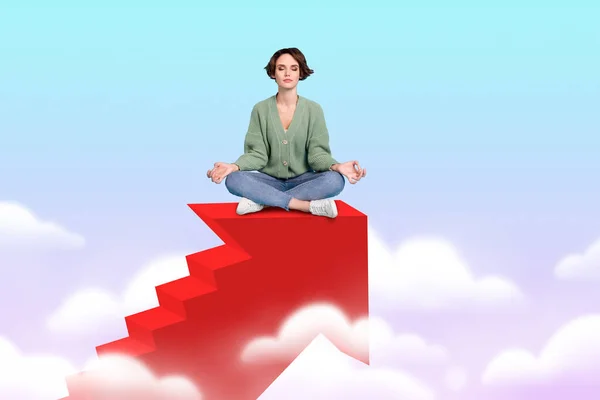 Magazine pop poster of lady sit lotus pose om arrow serene feelings forward winner strategy concept isolated sky background — Fotografia de Stock