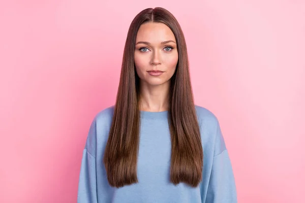 Portrait of attractive cute content brunet girlfriend isolated over pink pastel color background —  Fotos de Stock