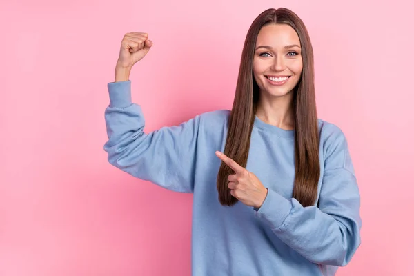 Portrait of attractive girly cool cheerful girl demonstrating biceps power isolated over pink pastel color background — Stock Fotó