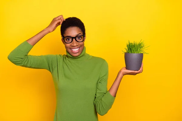 Photo of funny pretty trans woman wear green turtleneck holding grass arms hand head isolated yellow color background — 스톡 사진