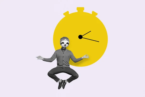 Freak pop artwork style photo collage male character wear sloth mask meditating in front of giant painted clock arrow fingers om gesture — Fotografia de Stock