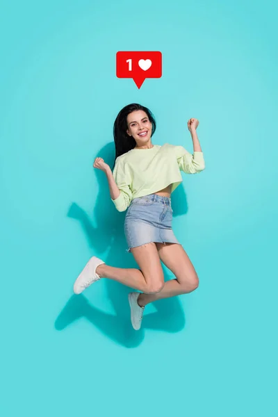 Illustration art work excited lady hump high demonstrating good attitude influencer vlogger put like news post fashion blogger concept isolated teal background — Stock Photo, Image
