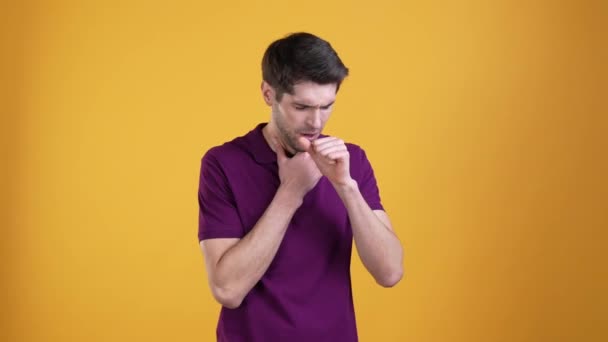 Guy suffer horrible coughing influenza isolated bright color background — Stockvideo