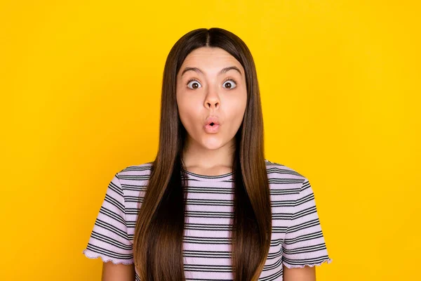 Photo of young girl impressed fake novelty face reaction panic isolated over yellow color background — стоковое фото