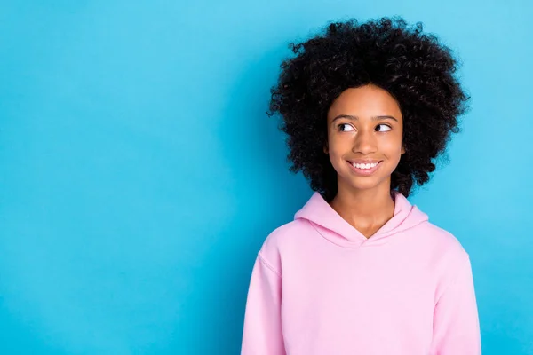 Photo of young lovely lady wonder dream think minded look empty space imagination isolated over blue color background — Stock Photo, Image