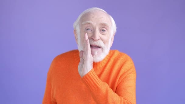 Aged man share friend secret novelty isolated bright color background — Stock Video