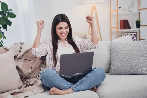 Portrait of attractive cheerful long-haired woman sitting on divan using laptop rejoicing having fun at home indoors — Stok fotoğraf