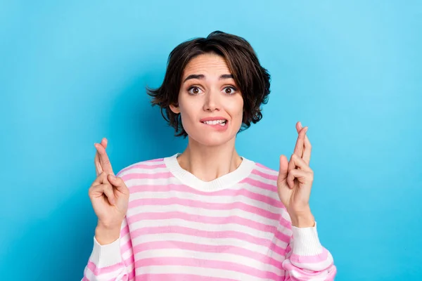 Portrait of young good looking lady bite lips cant wait crossed fingers wishing luck isolated on blue color background — Zdjęcie stockowe