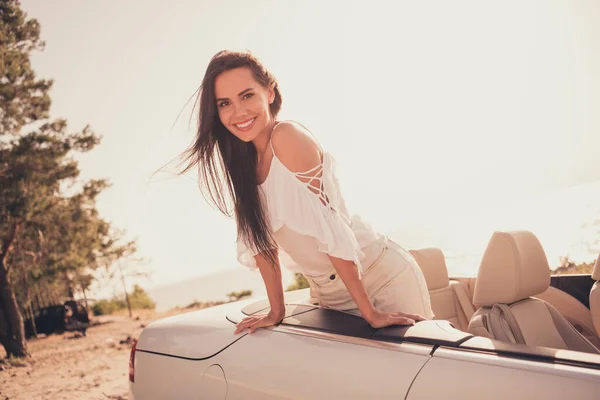 Photo of young attractive girl happy positive smile travel car cabriolet journey landscape summer outdoors — Stok fotoğraf