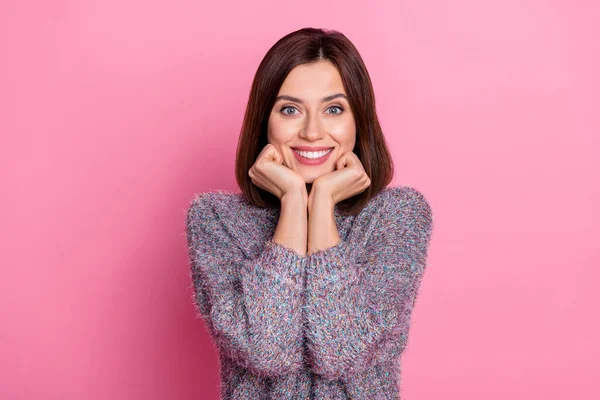 Portrait of attractive cute cheerful girl enjoying good mood anticipation isolated over pink pastel color background — Stok fotoğraf