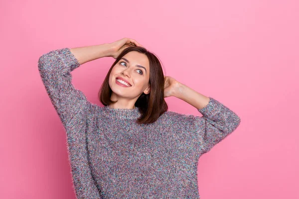 Photo of dreamy pretty lady dressed sweater looking empty space isolated pink color background — Fotografia de Stock
