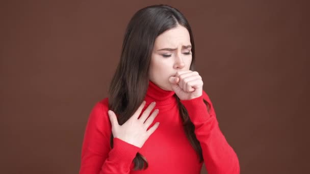 Lady suffer terrible covid virus cough isolated brown color background — Stock video