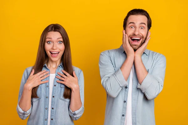 Photo of shocked excited sister brother dressed denim shirts hands arms cheeks chest isolated yellow color background — Stockfoto