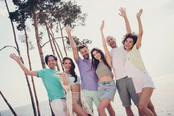 Foto de seis pessoas reunião abraço divirta-se levantar as mãos desfrutar de férias vestir roupa casual natureza praia à beira-mar — Fotografia de Stock
