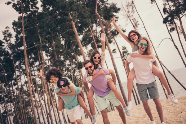 Foto von unbeschwerten kindischen jungen sechs Freunde tragen lässige Kleidung hält Arme Freundinnen huckepack zu Fuß außerhalb der Landschaft — Stockfoto