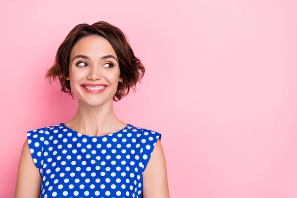 Photo of gorgeous feminine lady looking blank space advertise black friday bargain isolated on pink color background —  Fotos de Stock