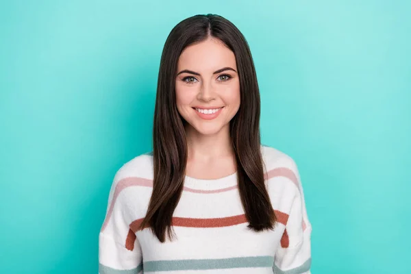 Photo of cheerful charming lady look camera beaming smile wear striped pullover isolated blue color background — Stockfoto