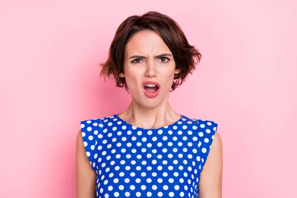 Photo of stressed millennial bob hairdo lady open mouth wear blue blouse isolated on pink color background — Foto de Stock