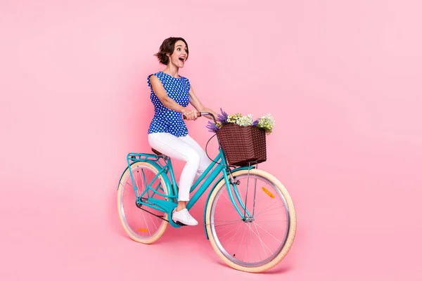 Full body photo of funky young brunette lady ride bicycle wear blouse pants footwear isolated on pink background — 스톡 사진