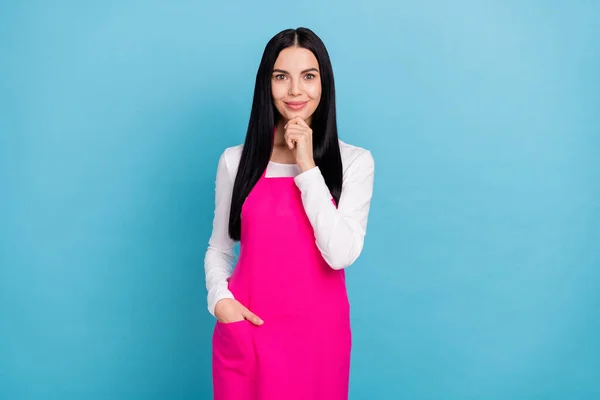 Photo of millennial pretty brunette lady hand face wear white cloth apron isolated on blue color background — Foto Stock