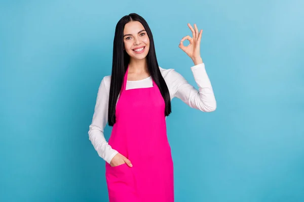 Portrét atraktivní veselá dívka specialista ukazující ok-sign reklamní řešení úspěch izolované přes jasně modré barvy pozadí — Stock fotografie