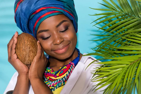 Close up photo of lady farmer exotic agriculture coco ripe wear accessories headwrap isolated teal color background — Stock fotografie