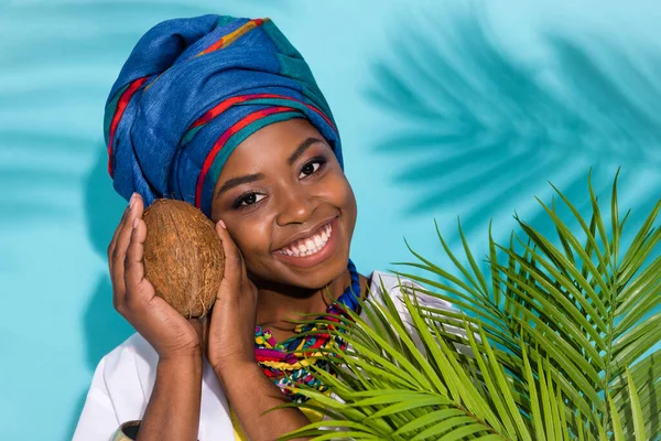 Portrait of lady farmer wear accessories headwrap hold coconut ripe agriculture jungle isolated teal color background — Foto Stock