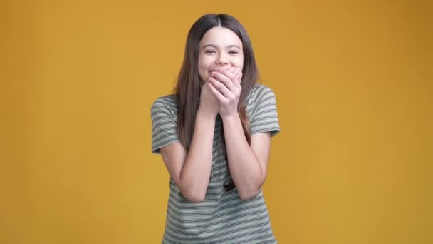 Positive schoolchild laughing loud isolated shine color background — Vídeos de Stock