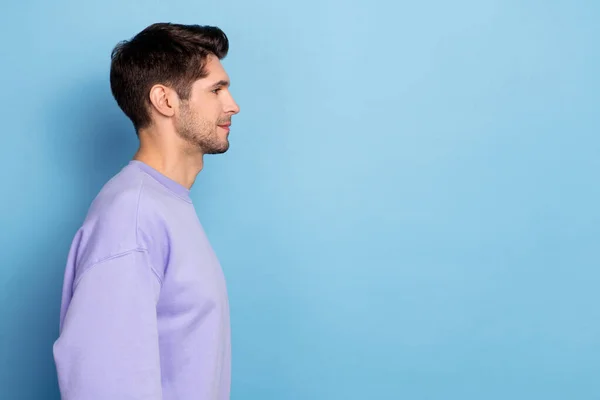 Profile photo of good young brunet guy look promo wear sweater isolated on blue color background — ストック写真