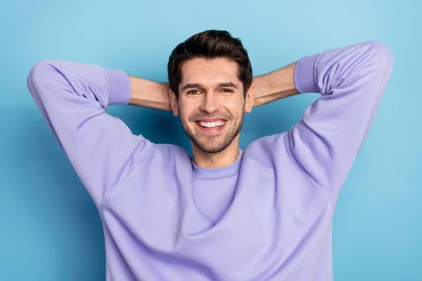 Photo of cute millennial brunet guy palms head wear sweatshirt isolated on blue color background — Stock Photo, Image