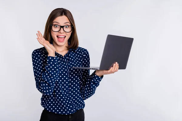 Portrait of attractive trendy cheery amazed girl using laptop having fun isolated over gray pastel color background — 스톡 사진