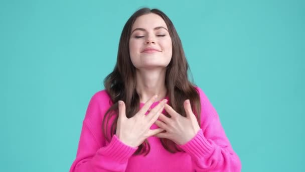 Cute lady give arms love to everyone isolated cyan color background — Vídeo de Stock