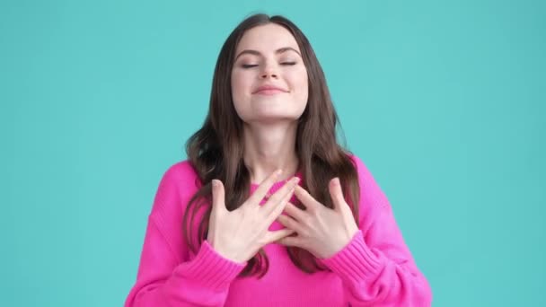 Cute lady give arms love to everyone isolated cyan color background — Stock video