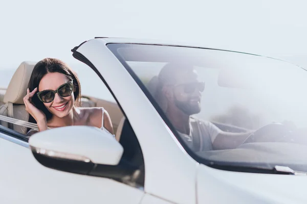 Photo of carefree charming husband wife wear casual clothes riding cabriolet enjoy summer outside countryside — Stok fotoğraf