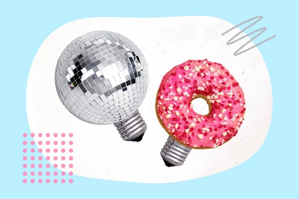 Creative photo artwork collage of pink donut disco ball standing instead of lamp bulb isolated white blue color background — Fotografia de Stock