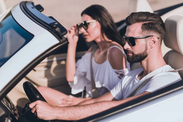 Photo of adorable cute boyfriend girlfriend dressed casual outfit going honeymoon driving cabriolet outdoors countryside — Foto Stock